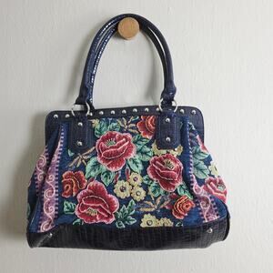 Mod X Navy Blue Floral Tapestry Embroidered Shoulder Bag Tote Silver Studded L